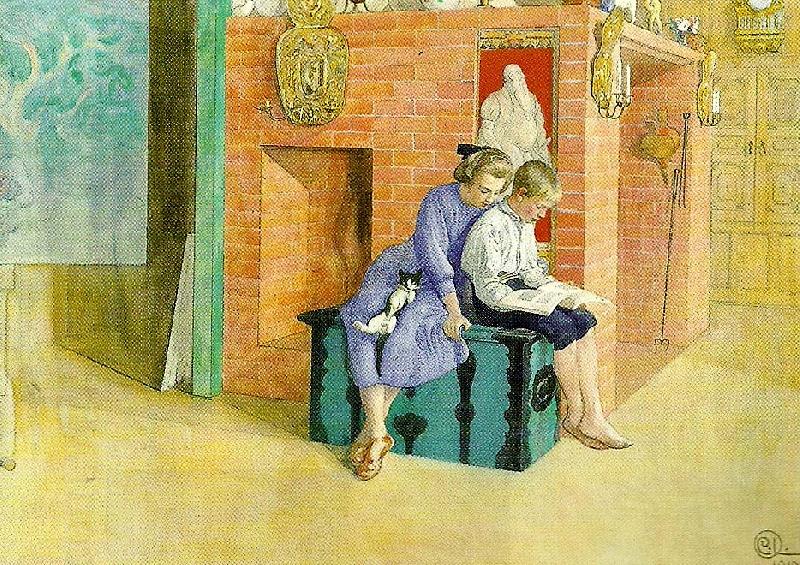 Carl Larsson tre om en bok-kersti och esbjorn samt muff China oil painting art